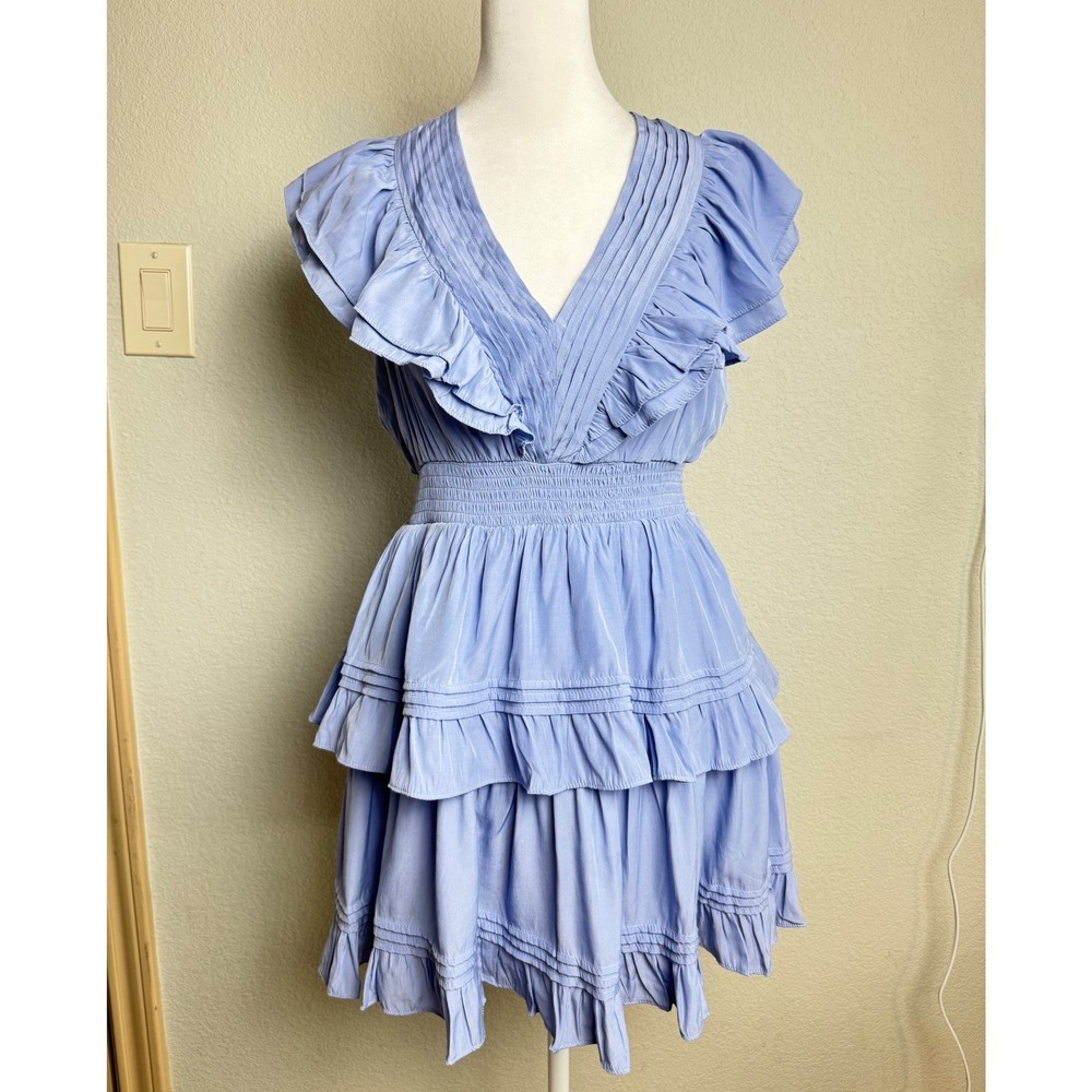Mustard Seed Raya Blue Ruffle Tiered Mini Dress Smocked Waist Boho Medium‎ NWT